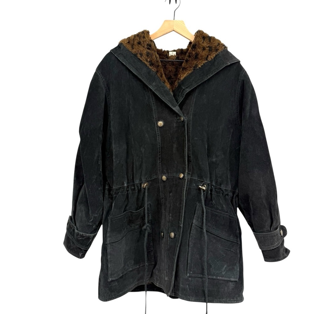 Charles Klein Vintage Leather Leopard Faux Fur Hooded Parka Coat Medium Cinched - Picture 13 of 15